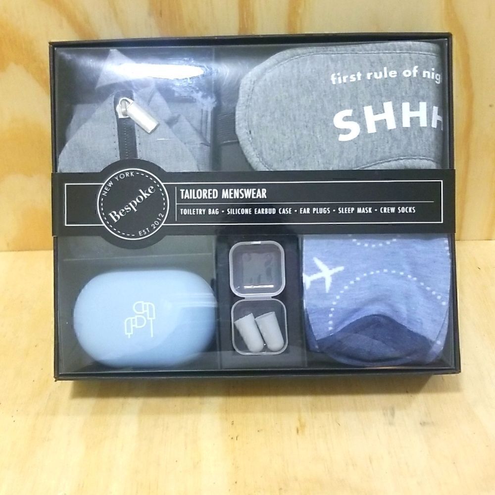 NIB! Bespoke Travel Box 5pcs Gift Set Toiletry Bag+Earbud Case+Masks+Socks &More